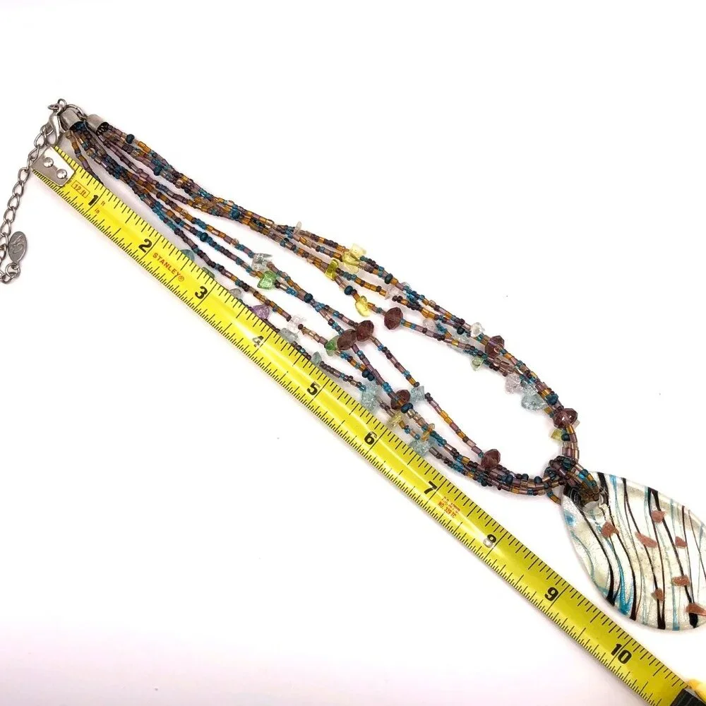 CJ Signed Multistrand Art Glass Necklace – Teardrop Pendant – Boho Statement - Picture 3 of 11